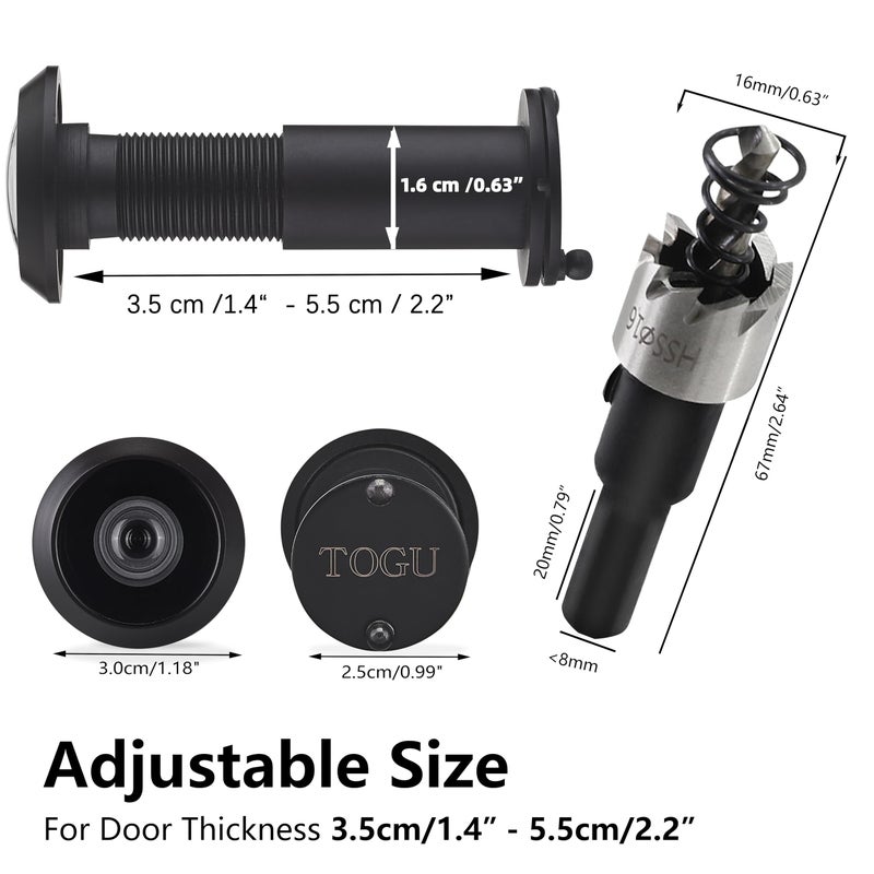 TOGU 220-degree Solid Brass Peep Holes for Door with 16mm Drill Bit  0.63 inch Door Peephole with Privacy  Compatible with Door Thick from 1-3/8"" to 2-1/6""  Matte Black Finish - Image 3